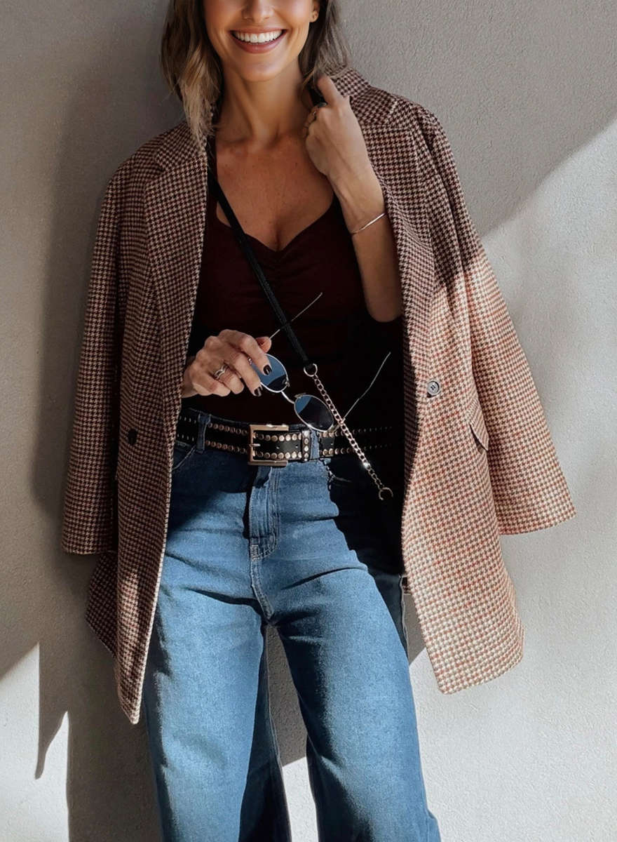 Brown Houndstooth Lapel Collar Blazer