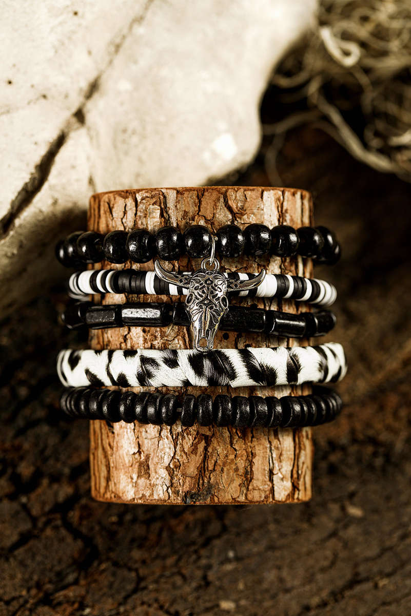 Color black Timber Beads Western Skull Head Charm 5pcs Bracelet Set
