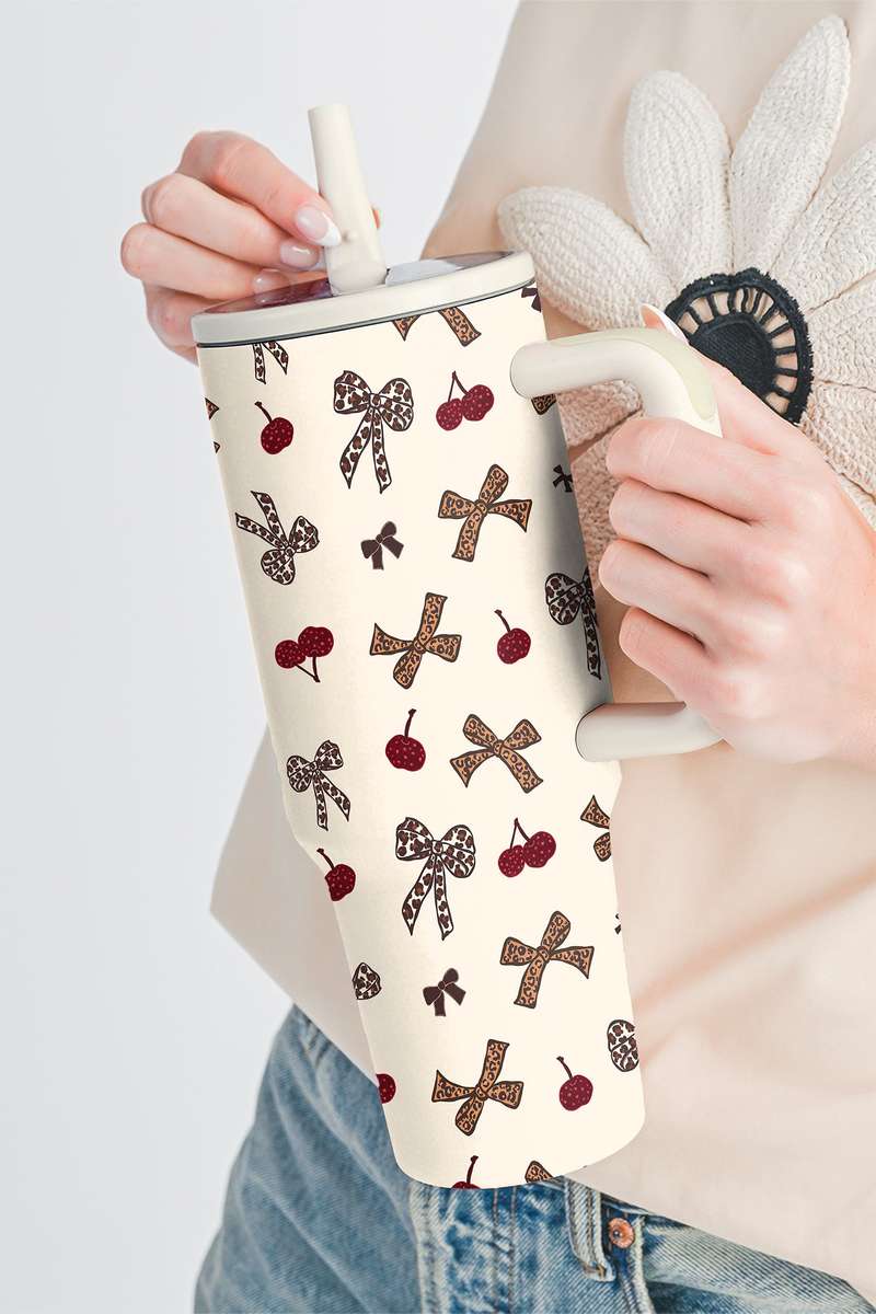 White Leopard Cheery Bow Printed Single Handle Flip Straw Travel Cup