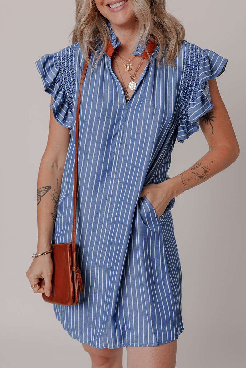 Sky Blue Stripe Frilly Split Neck Shirred Ruffle Sleeve Short Shift Dress