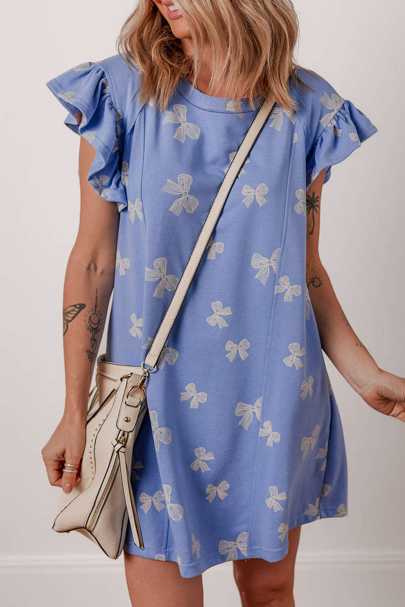 Sky Blue Bow Knot Print Crewneck Ruffled Sleeve Shift Mini Dress