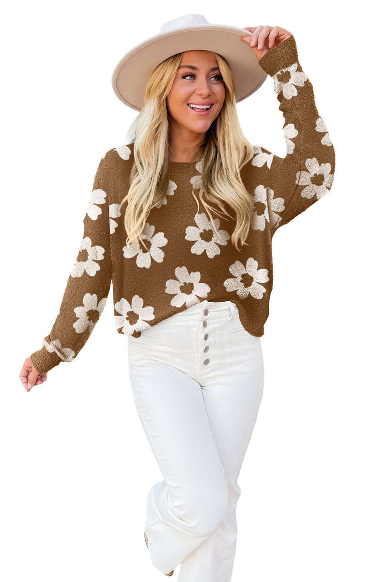 Camel Fuzzy Floral Knitted Drop Shoulder Sweater