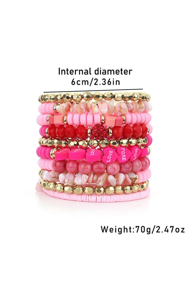 Rose Red 10pcs Polymer Clay Crystal Bead Valentines Heart Multilayer Bracelet Set