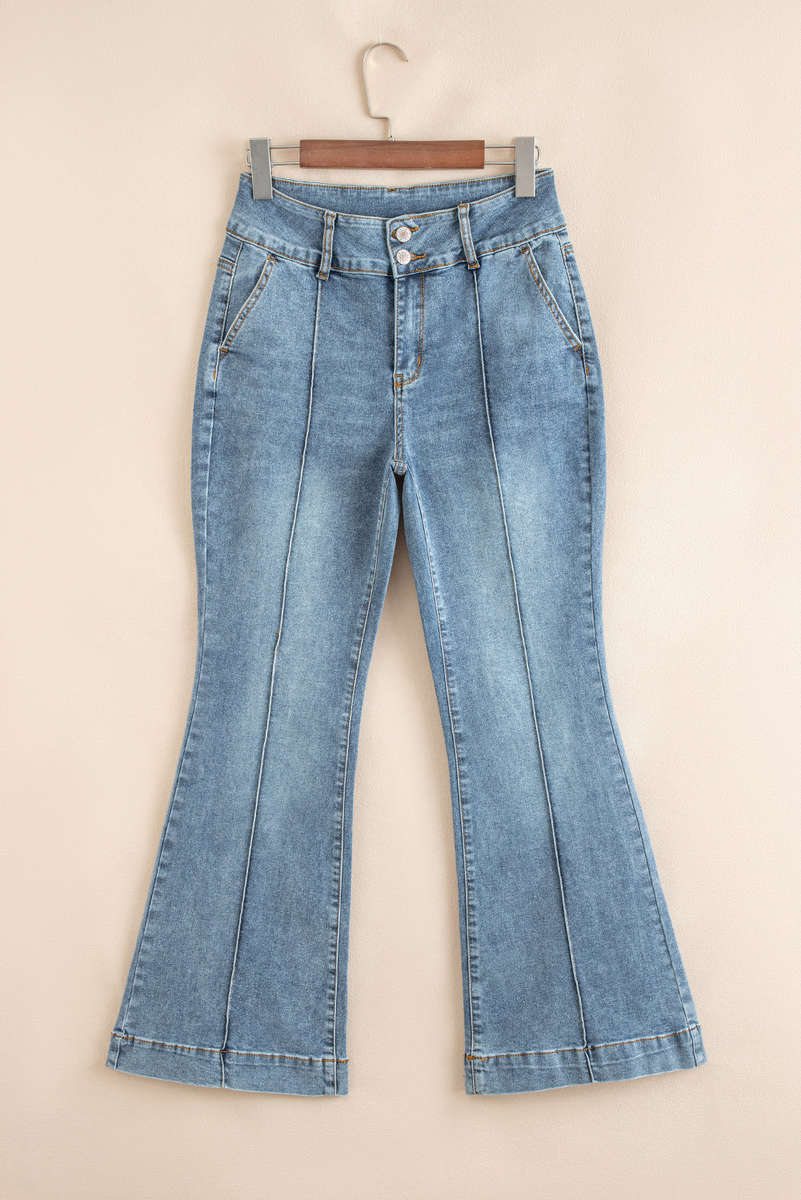 Dusk Blue 2 Button High Waist Piping Trim Bootcut Jeans
