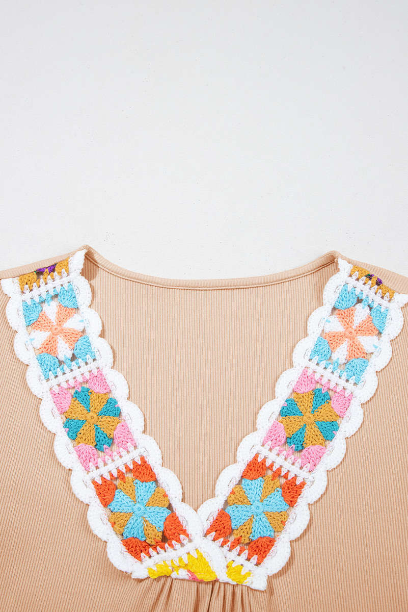 Pale Chestnut Crochet Floral V Neck Textured Short Sleeve Blouse