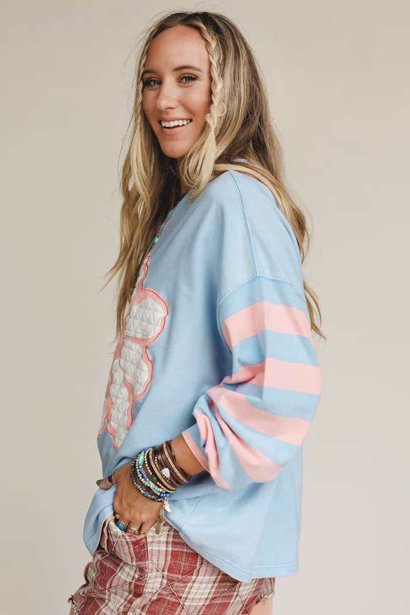 Beau Blue Big Flower Patch Drop Shoulder Striped Long Sleeve Top