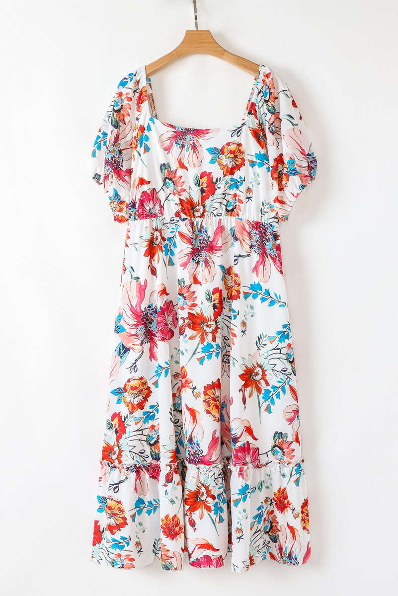 White Floral Square Neck Puff Sleeve Flowy Plus Size Midi Dress