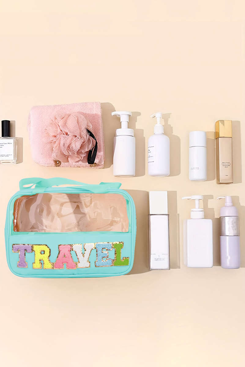 Mint Green TRAVEL Chenille Letter Clear PVC Makeup Bag