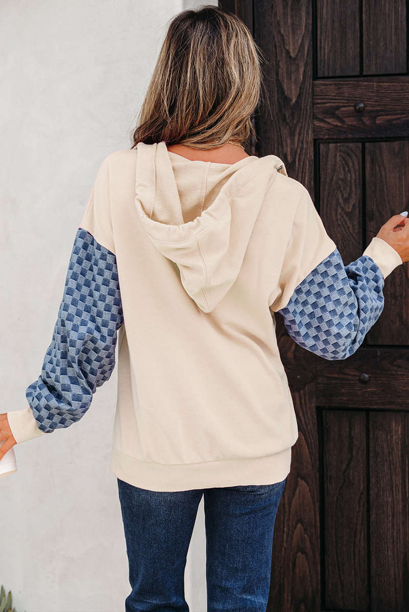 Parchment Checkered Patchwork Kangaroo Pocket Half Zipper Hoodie
