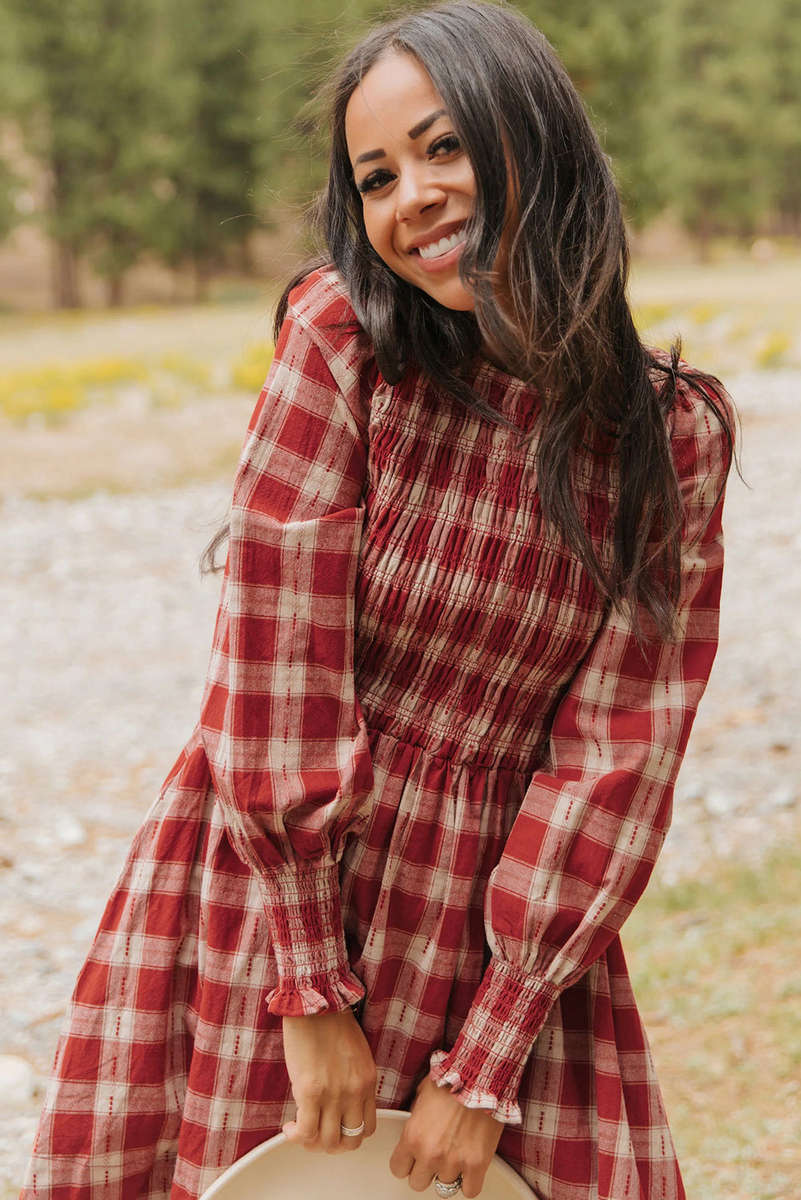 Red Plaid Print Smocked Puff Sleeve Mini Dress