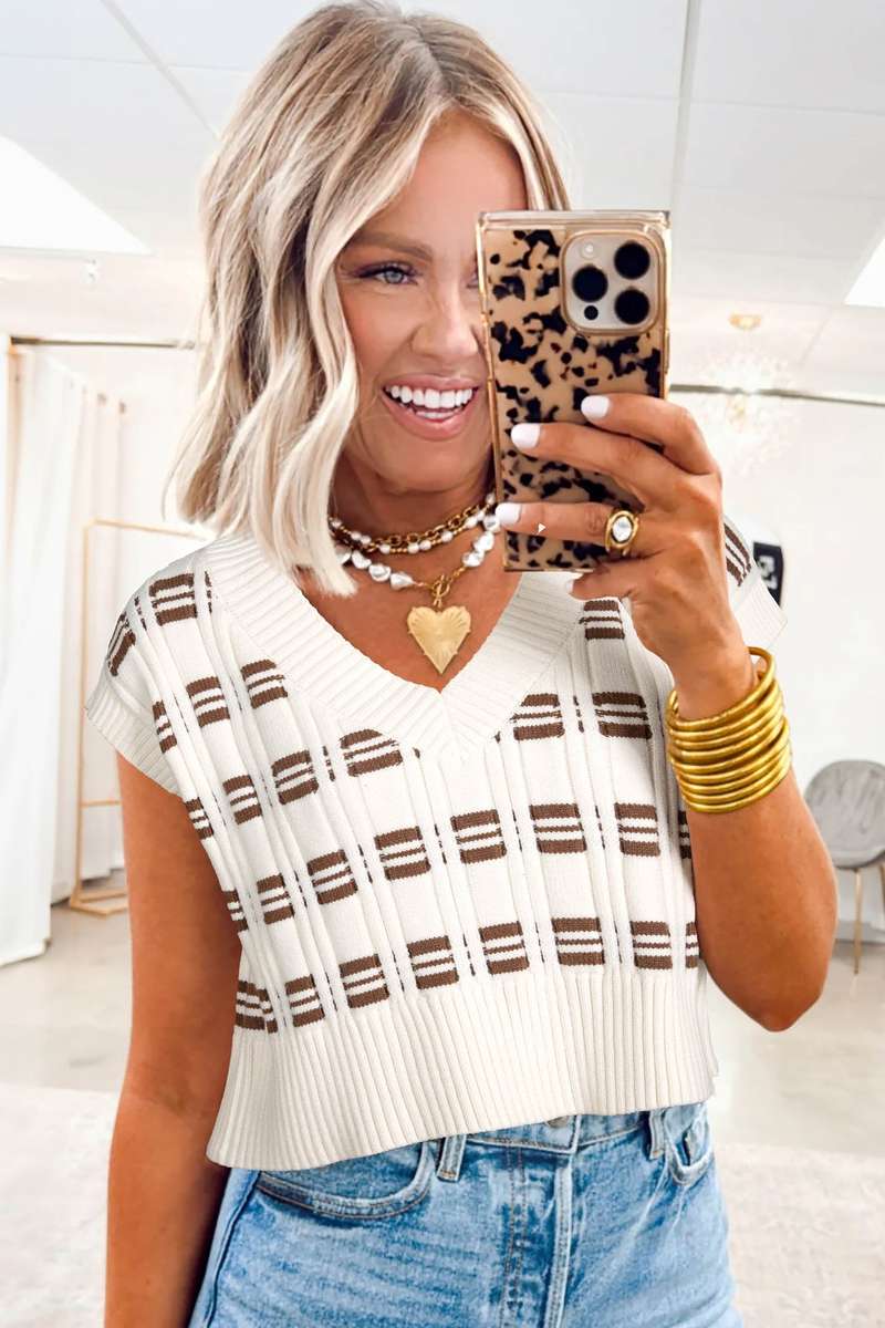 White Contrast Geometric Textured Knit V Neck Cropped Sweater Vest