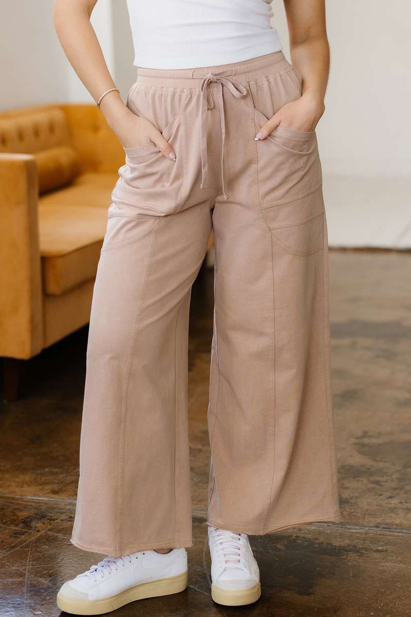 Smoke Gray Solid Color Mineral Wash Piping Trim Pocketed Wide Leg Pants