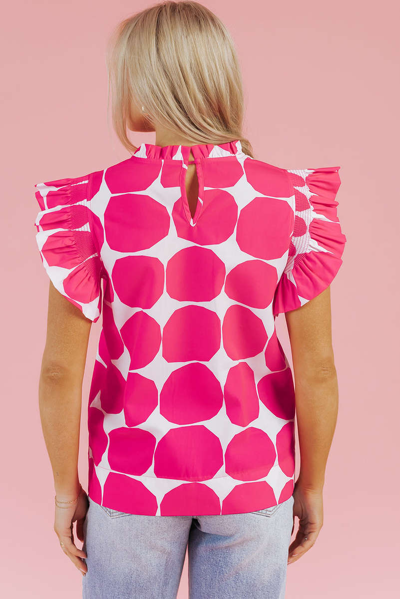 Rose Bubblegum Pattern Frilled Collar Flutter Sleeve Top