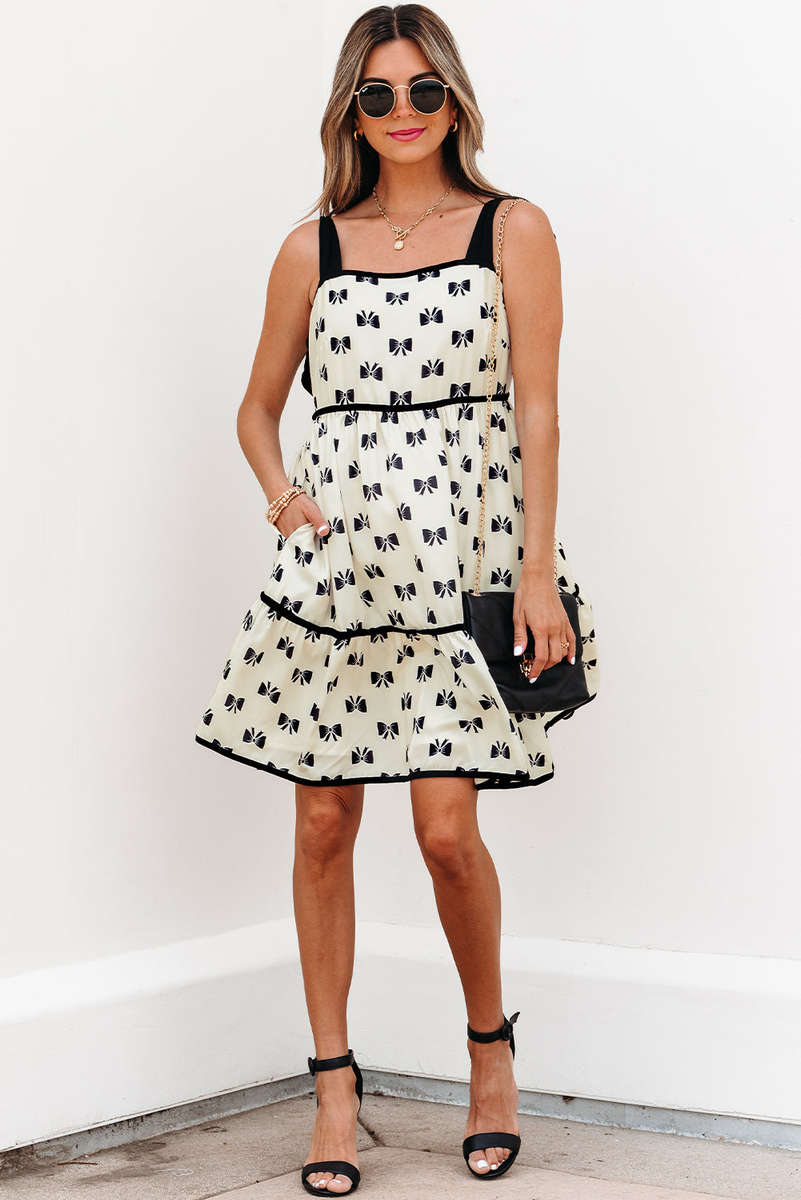 White Bow Knot Color Contrast Trim Knotted Shoulder Mini Dress