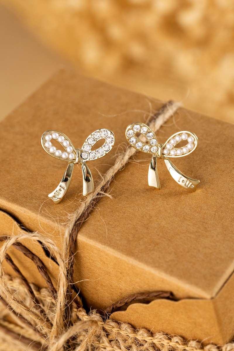 Gold Rhinestone Pearl Bow Earrings
