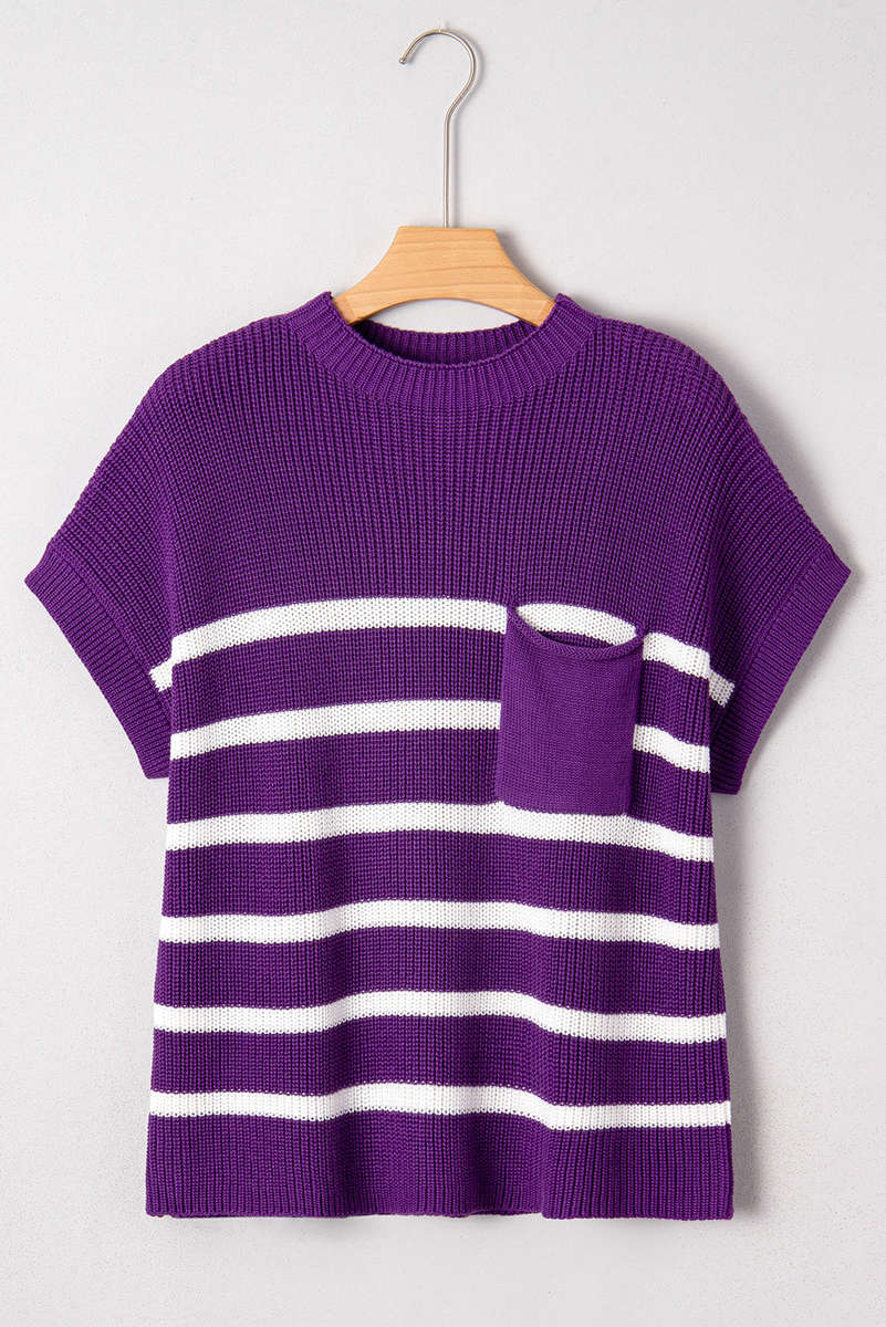 Purple Stripe Raw Edge Patched Pocket Short Sleeve Knit Sweater