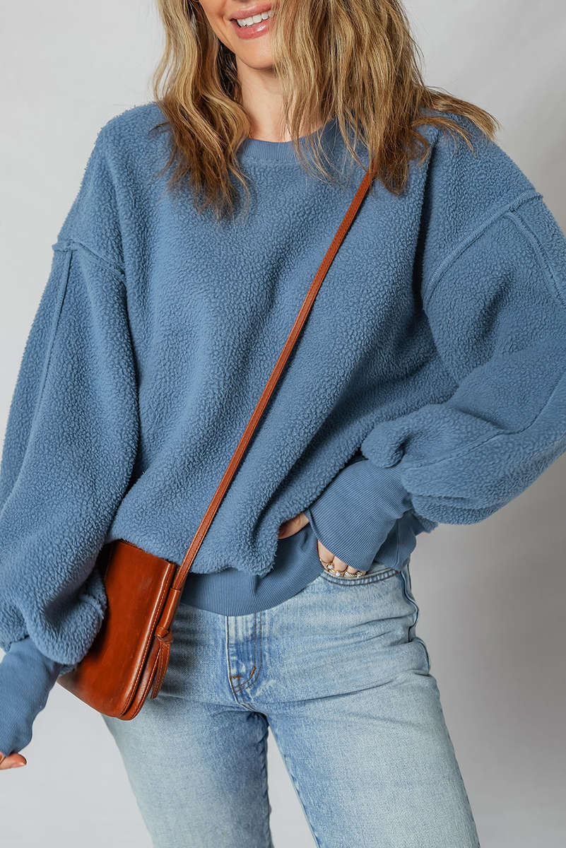 Sail Blue Fleece Drop Shoulder Exposed Seam Patchwork Casual Sweatshirt