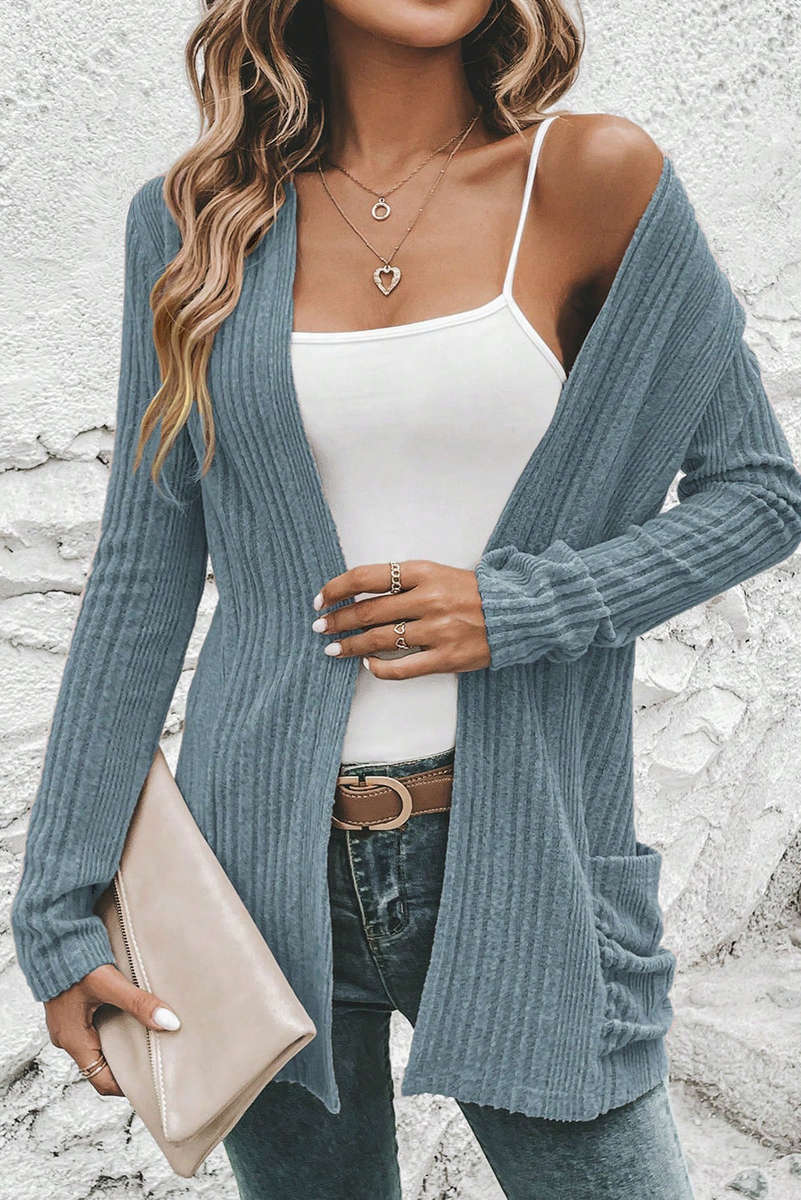 Stone Blue Ribbed Open Front Knitted Top with Pockets