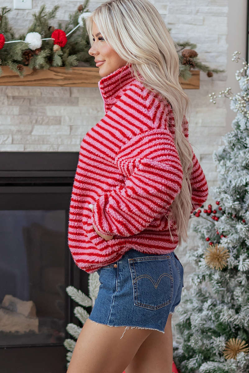 Pink Stripe Quarter Zip Fleece Oversize Sweatshirt