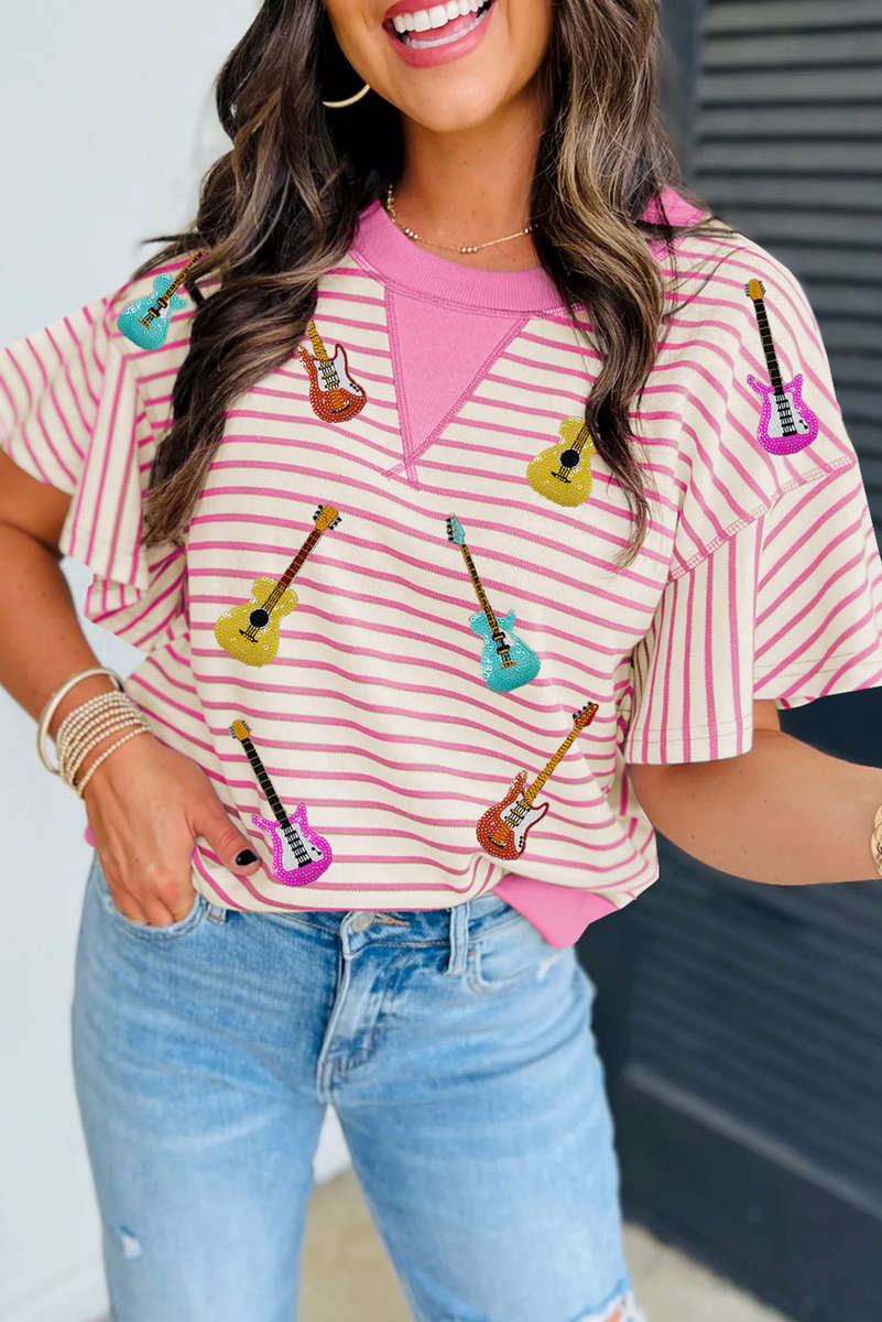 Sachet Pink Striped Guitar Patched Ruffle Short Sleeve Crossed Seam Blouse
