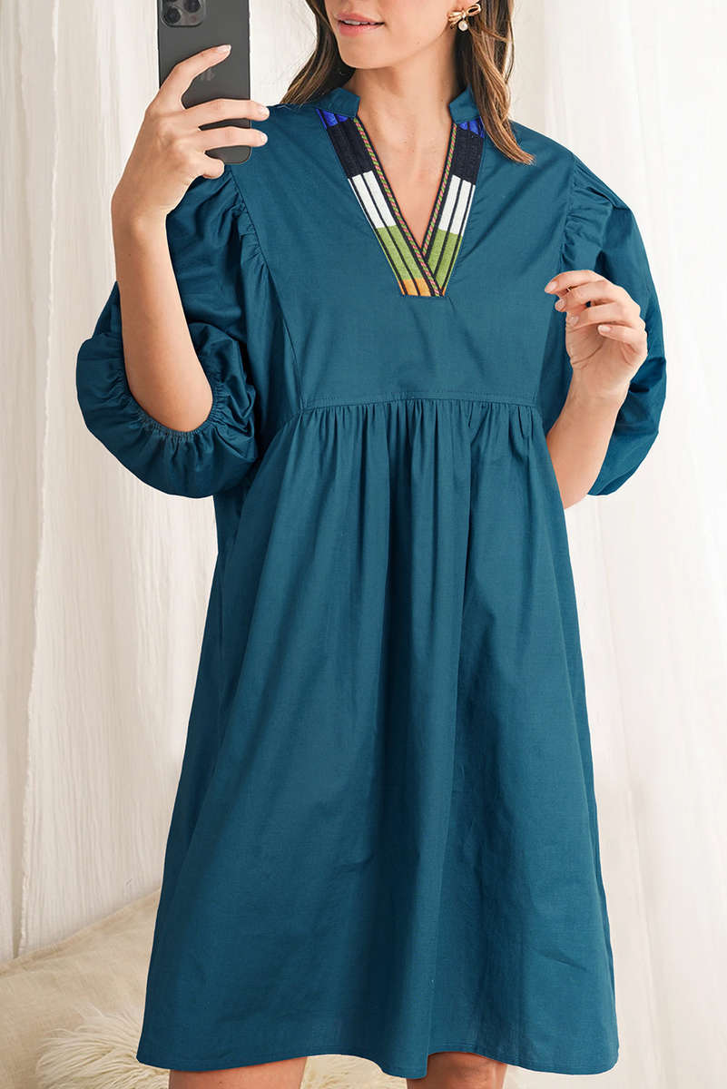 Blue Sapphire Colorblock Split V Neck Puff Sleeve Mini Dress