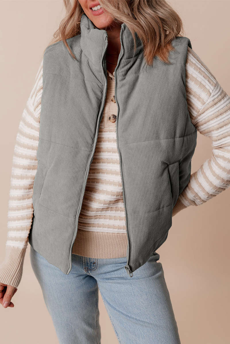 Gray Corduroy Stand Neck Zipped Puffer Vest
