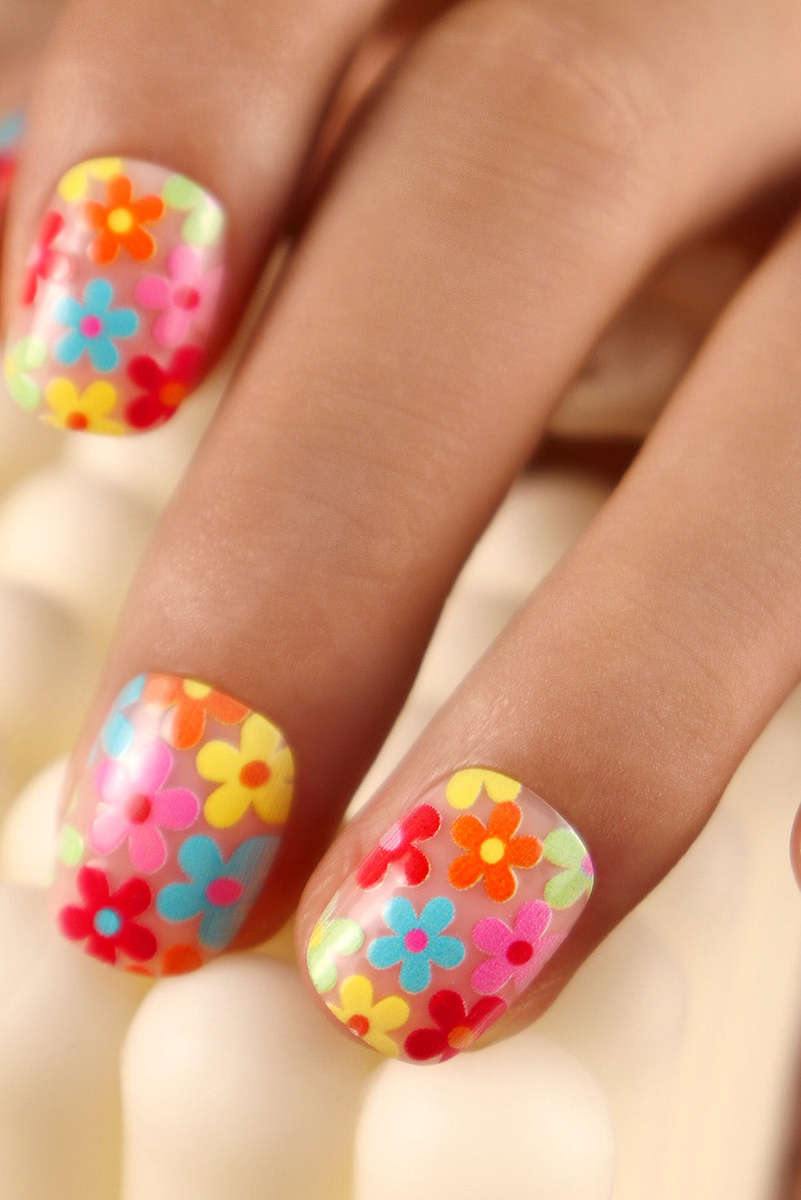 Pink Cute Flowers Print Press On False Nails