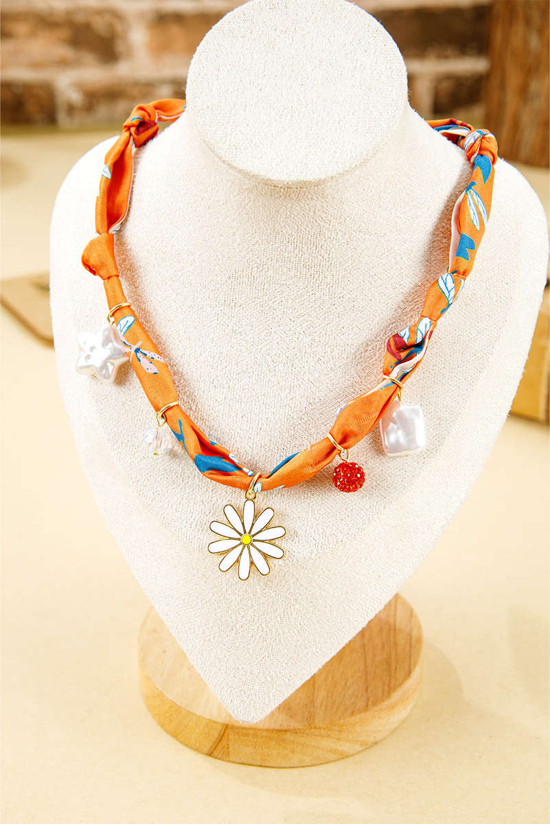 Orange Dragonfly Print Daisy Flower Pearl Crystal Decor Ribbon Necklace