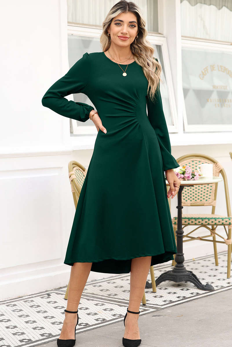 Blackish Green Solid Color Ruched Detail Long Sleeve Midi Dress