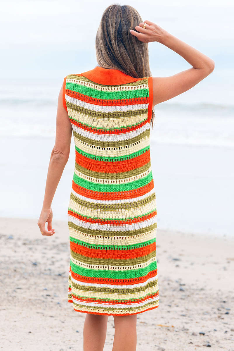 Yellow Stripe Eyelet Sleeveless Buttoned Split Neck Sweater Dress