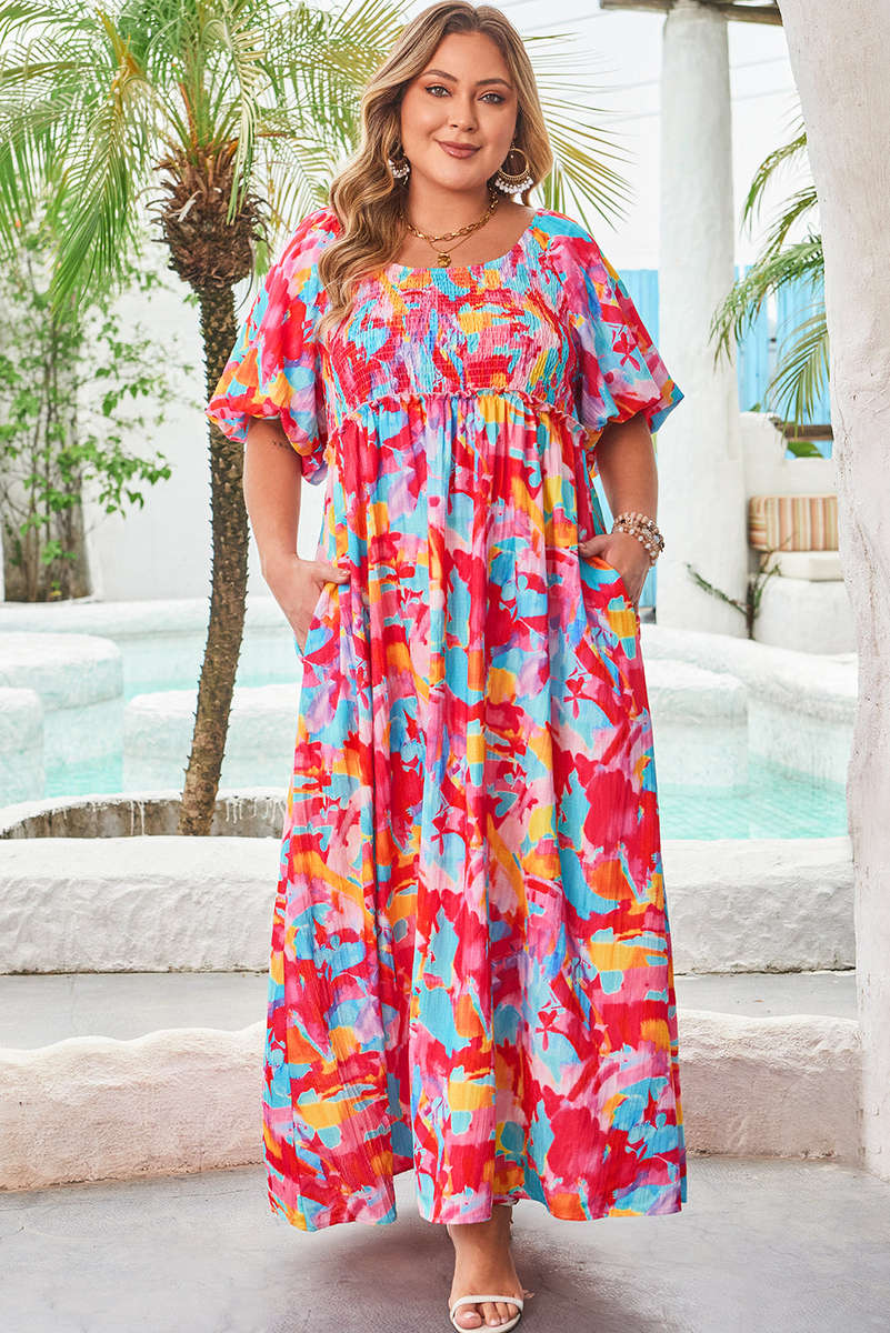 Rose Abstract Printed Puff Sleeve Square Neck Smocked Bust Tied Back Plus Size Dress