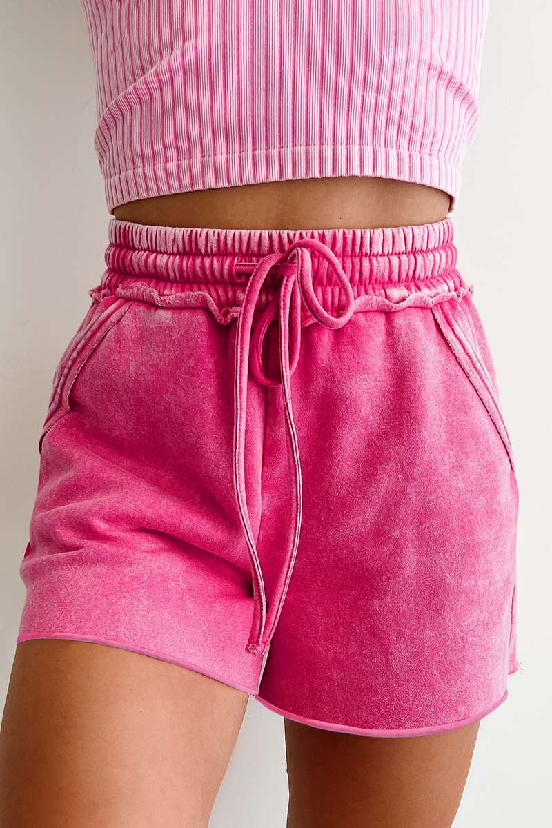 Rose Red Mineral Washed Drawstring Elastic Waist Raw Cut Shorts