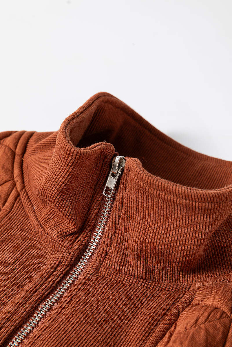 Straw Yellow Geometric Quilted Half Zipped Loose Sweatshirt
