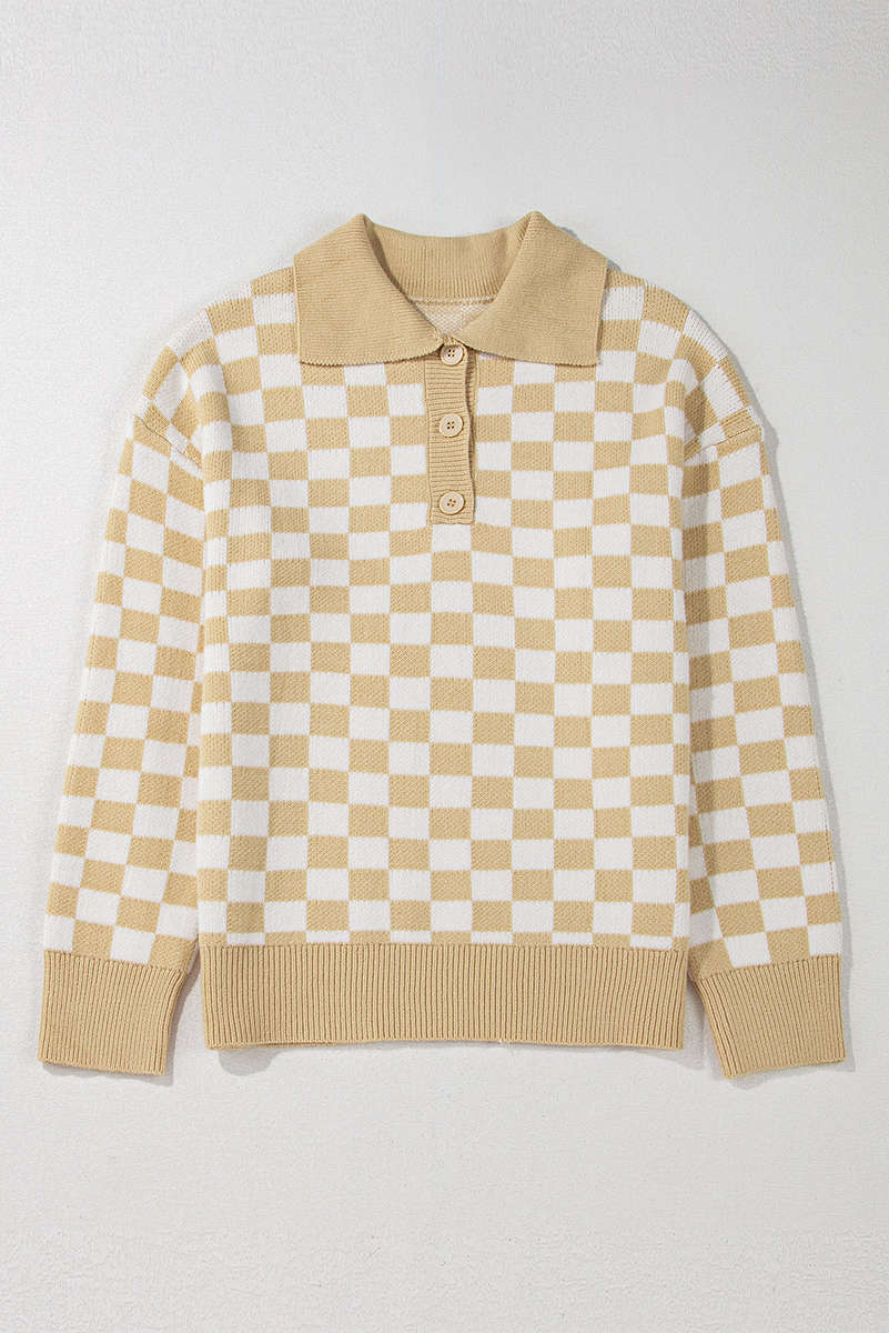 Apricot Checkered Buttons Collar V Neck Drop Shoulder Sweater