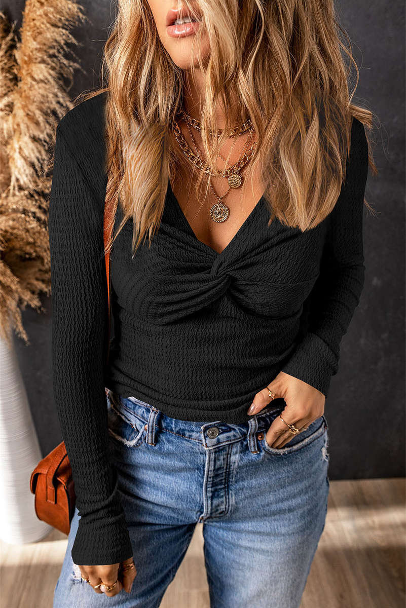 Black Textured Twist Front V Neck Long Sleeve Slim Solid Color Top