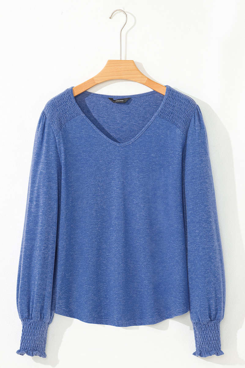 Sky Blue Shirred Shoulder Frilled Cuffs Long Sleeve Top