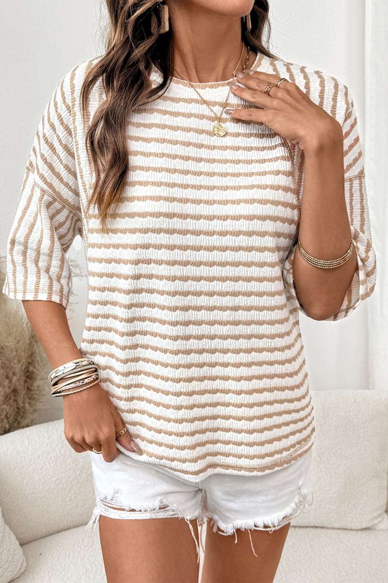 Apricot Stripe Textured Knit Split Hem Half Sleeve Loose Top