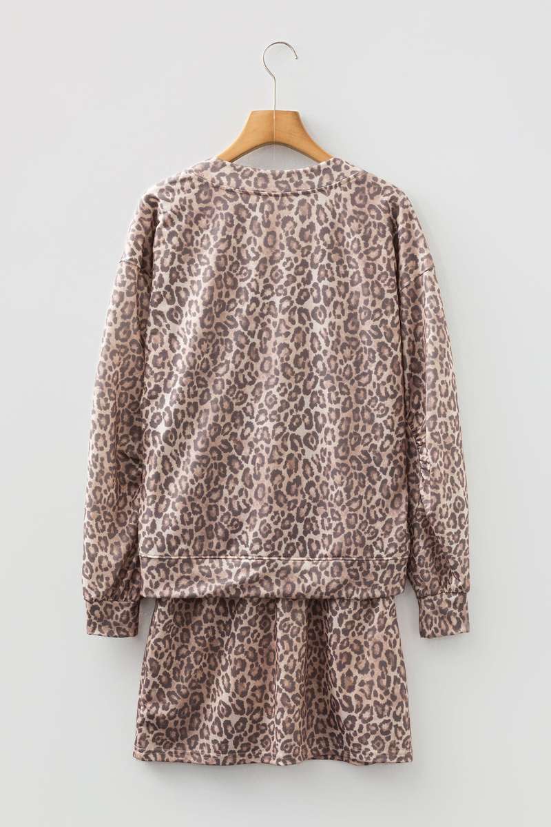 Light French Beige Leopard Print V Neck Pullover Mini Skirt 2pcs Set