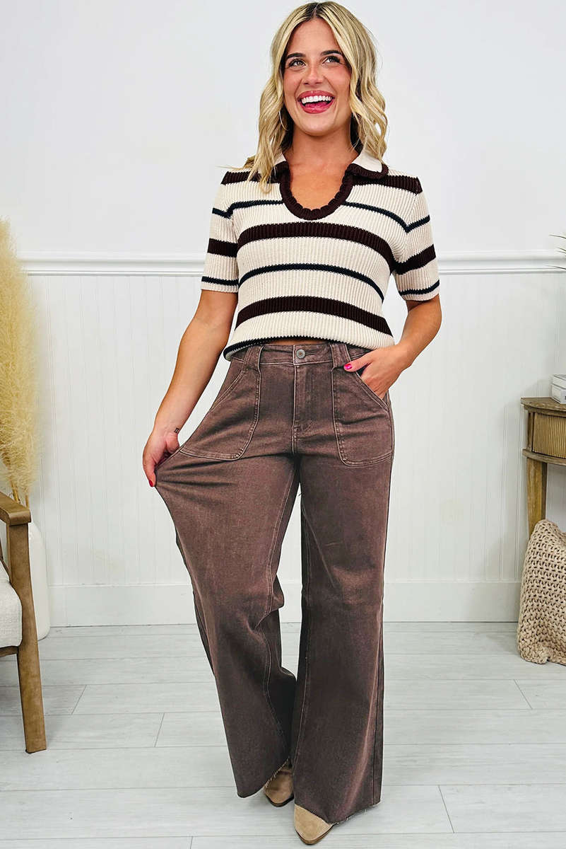 Dark Brown Retro Washed Patch Pocket Loose Jeans