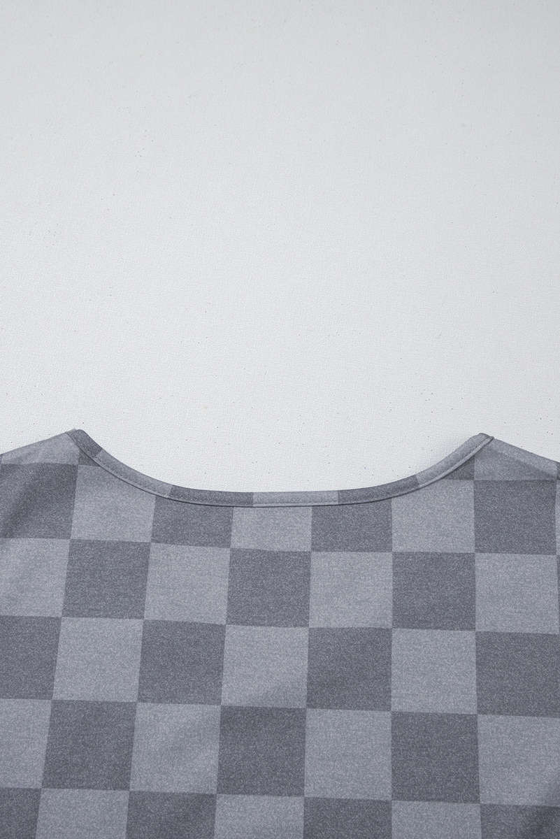 Gray Checkered V Neck Tee Drawstring Shorts Lounge Set