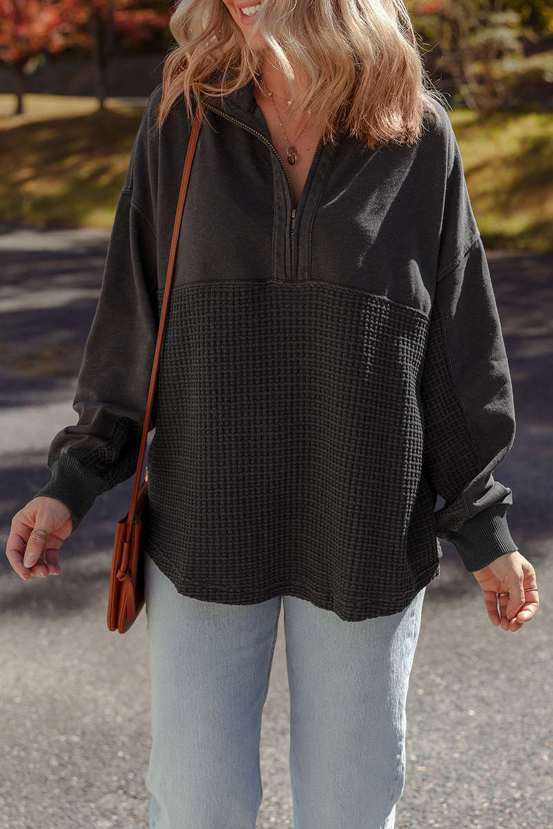Carbon Grey Waffle Knit Patchwork Half Zipped Casual Sweatshirt