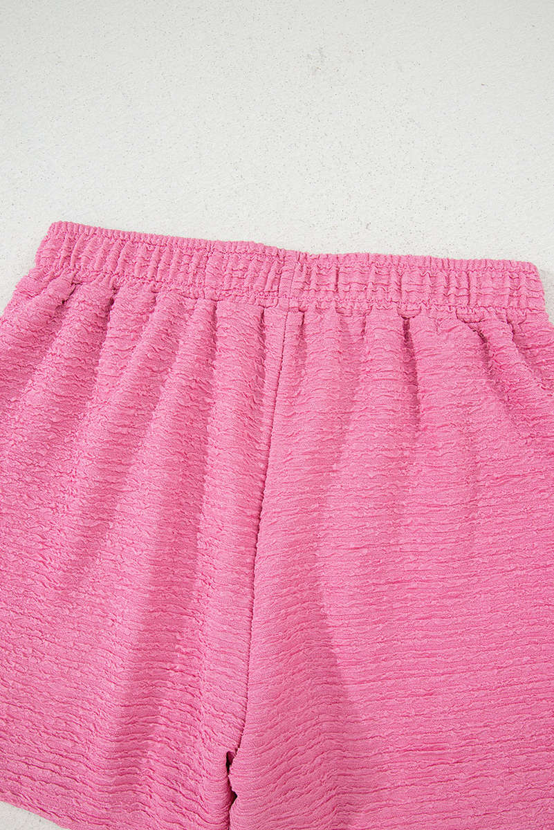 Pink Textured V Neck T Shirt and Shorts Set
