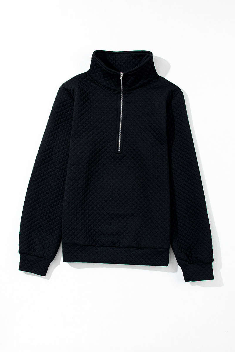 Black Solid Half Zipper Quilted Pullover Sweatshirt