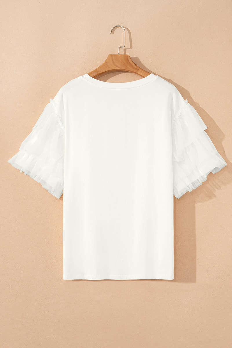 White Tulle Ruffle Sleeve Blouse
