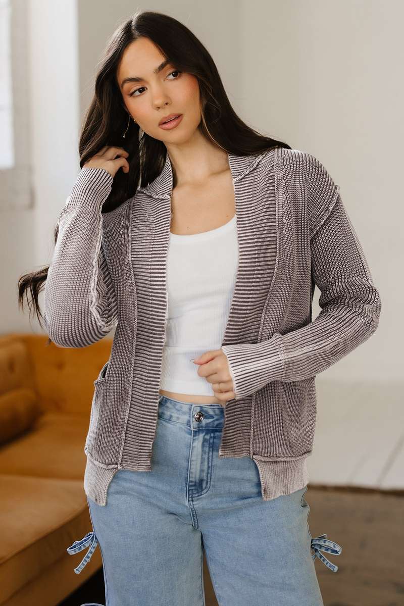 Dark Brown Mineral Wash Exposed Seam Patchwork Knit Open Sweater Cardigan