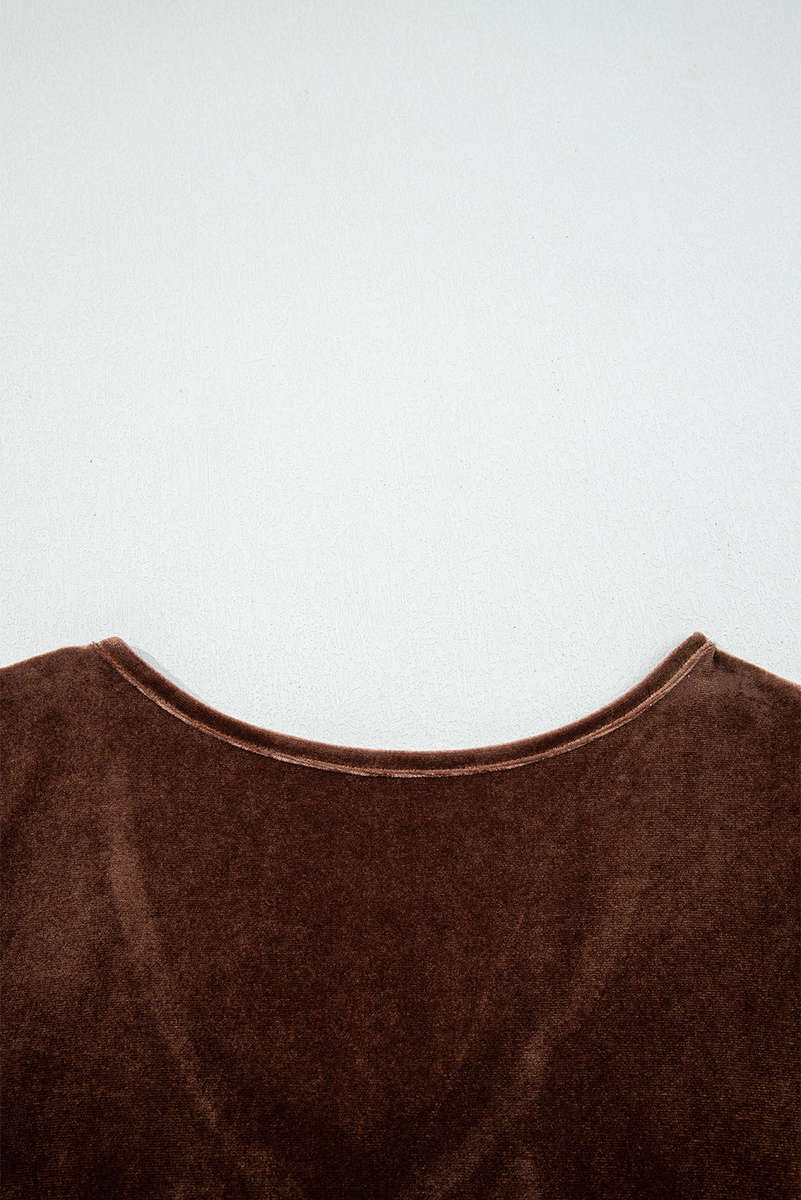 Chicory Coffee Solid Color Velvet V Neck Long Sleeve Tiered Mini Dress