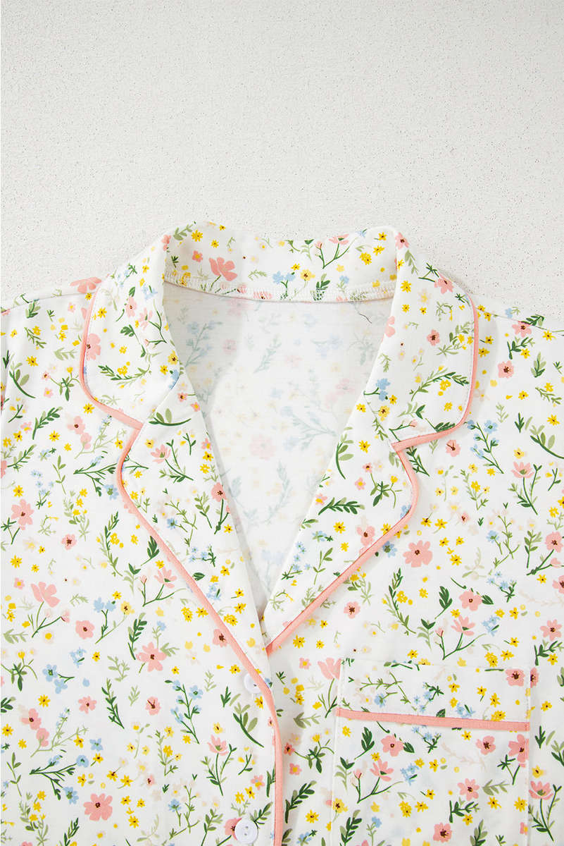 White Floral Print Contrast Pipping Short Pajamas Set