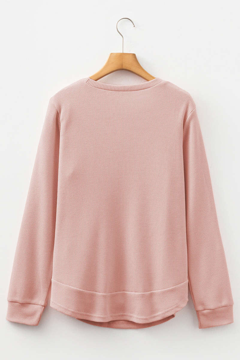 Gossamer Pink Rounded Hem Waffle Long Sleeve Top