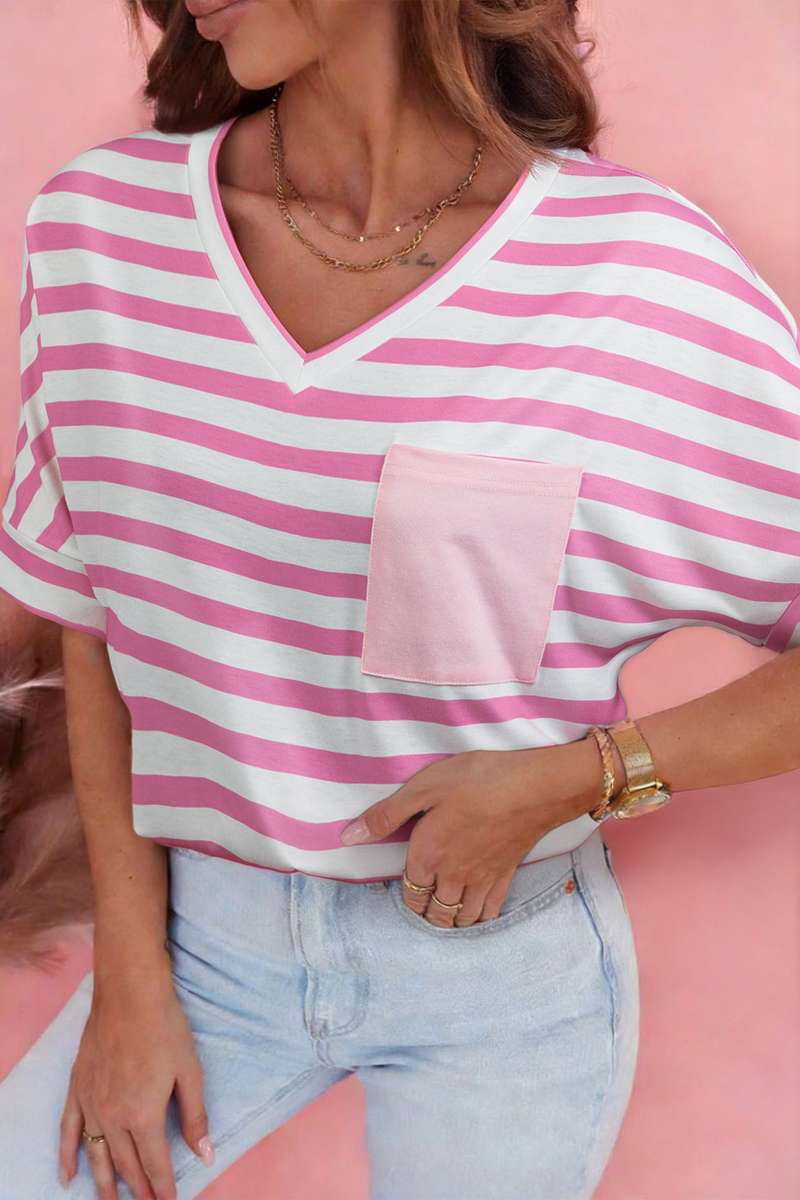 Pink Stripe V Neck Patched Pocket Casual T Shirt