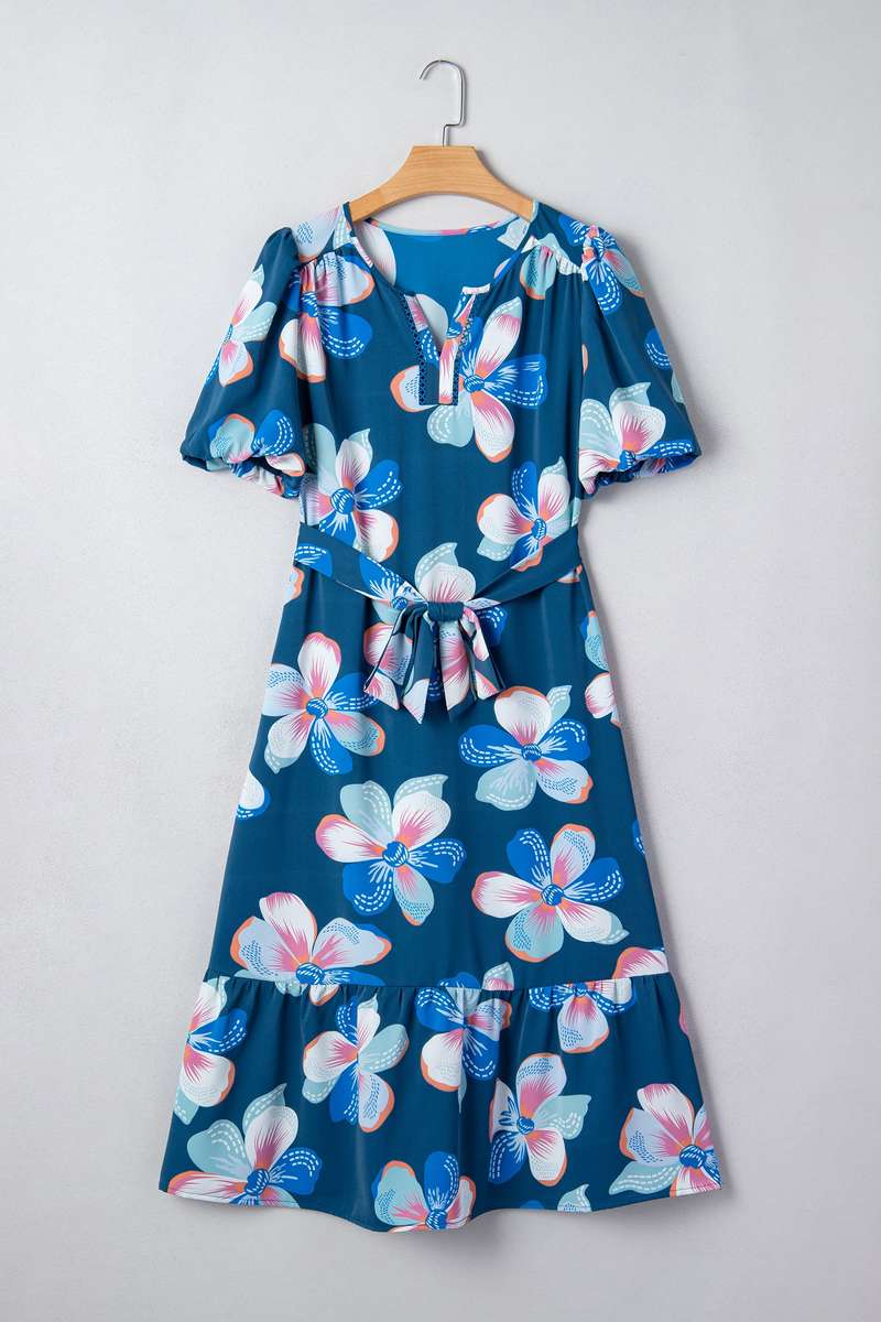 Blue Floral Print Short Puff Sleeve Ruffle Hem Belted Long Dress